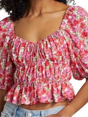 Wayf Avra Pink and Red Floral Smocked Crop Top